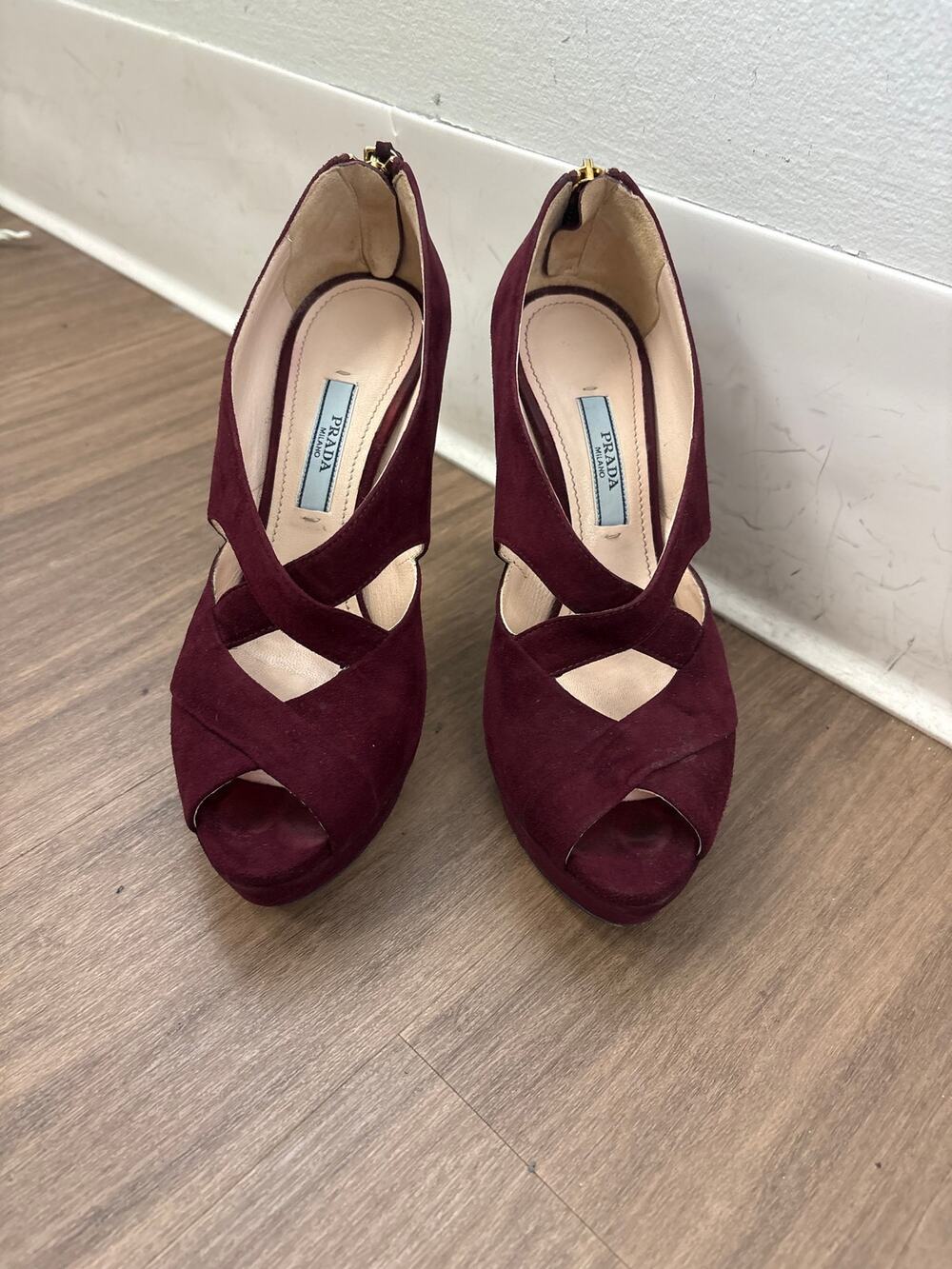 Prada Deep Purple Suede Peep Toe Platform Heel Sz 36